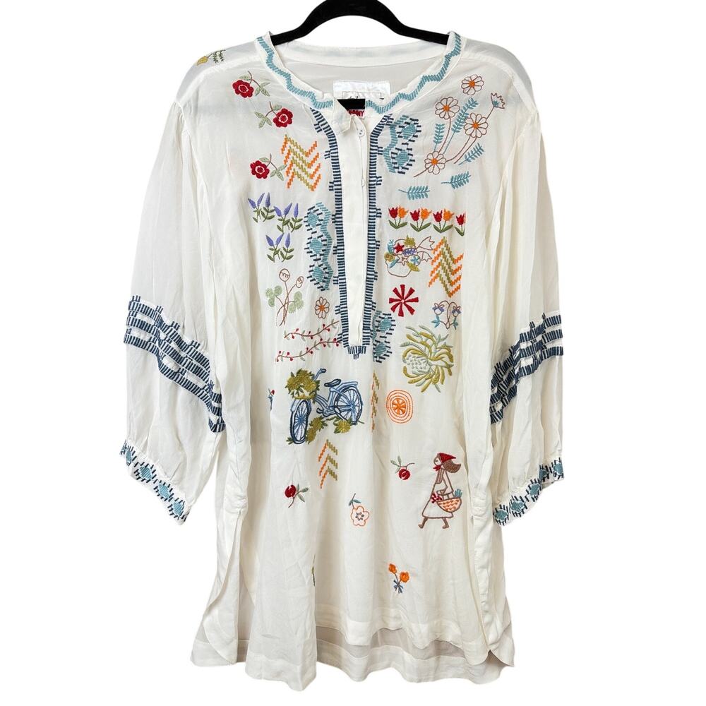 Johnny Was White Multicolor Floral Embroidery Sheer Mid Sleeve Top Size XL